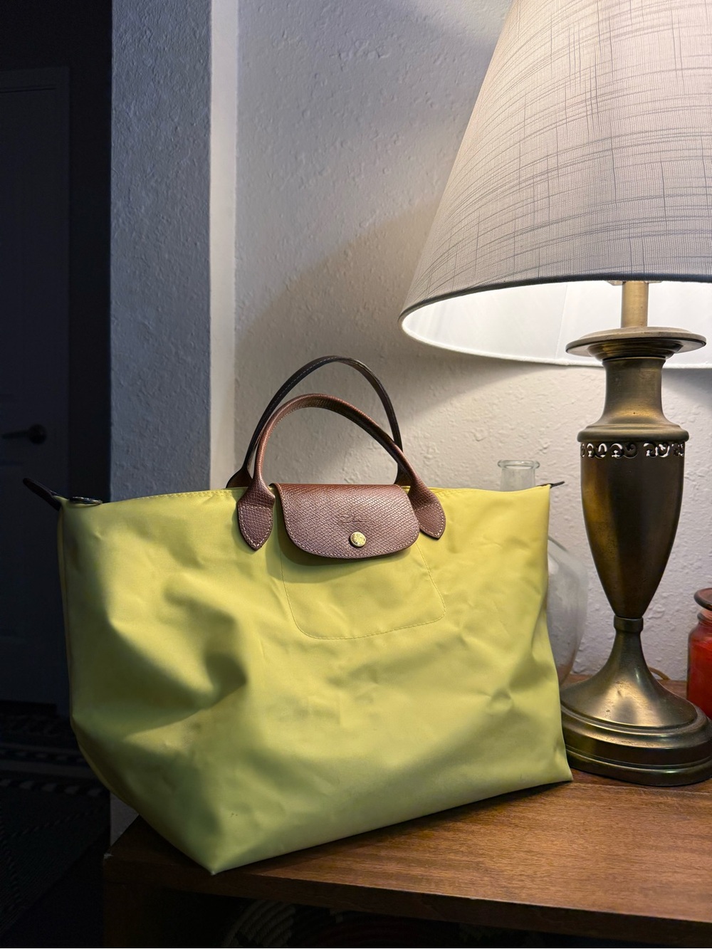 Longchamp Citrine Tote with Brown Trim